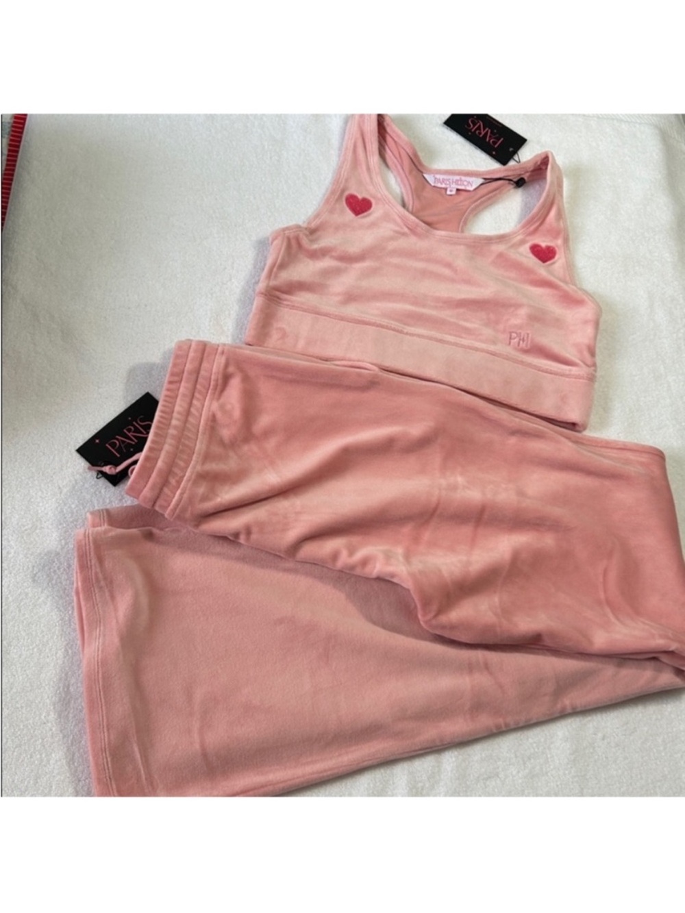 Paris Hilton Medium Set Masterpiece Pants Heart Sports Bra Pearl Blush pink NWT - Picture 10 of 15